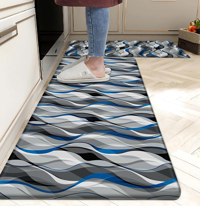 Kitchen Mats for Floor Modern Abstract kitchen rugs Grey and Blue Stripe Anti by weesire