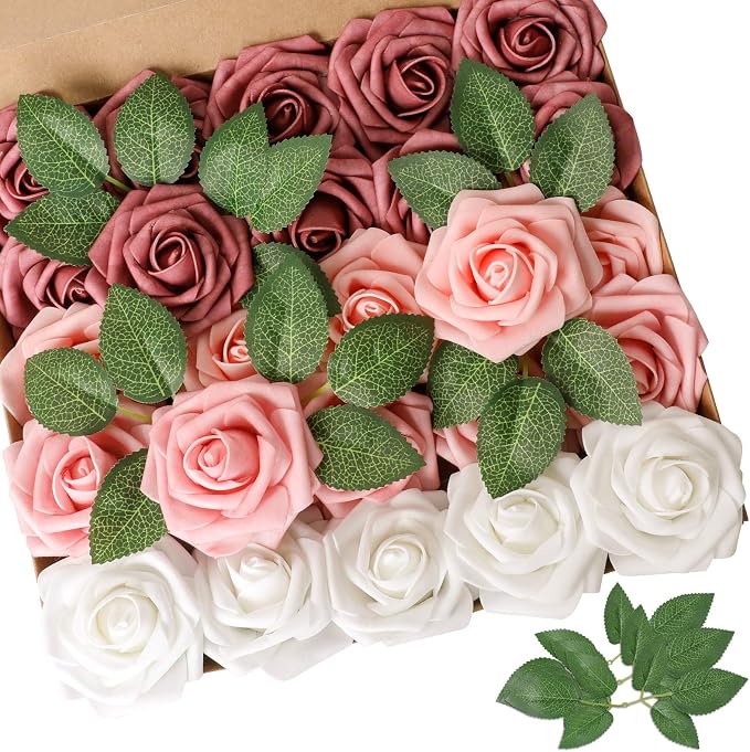 AmyHomie Artificial Flower Shades of Rose 25pcs Real Looking Fake Roses w/Stem by AmyHomie