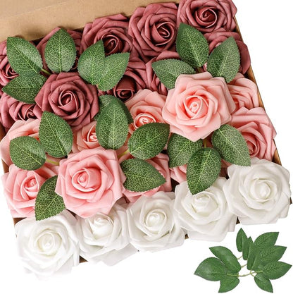 AmyHomie Artificial Flower Shades of Rose 25pcs Real Looking Fake Roses w/Stem by AmyHomie