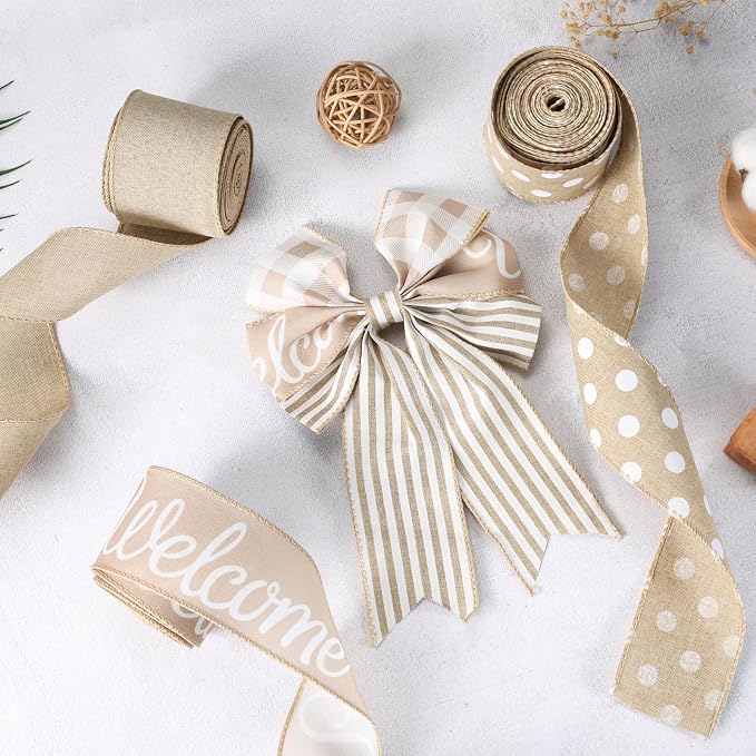 Burlap Ribbon Wired, Farmhouse Rustic White Dots Ribbon - Image 5
