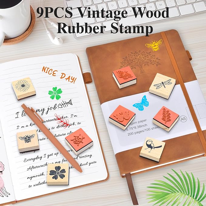 9 PCS Vintage Wooden Rubber Stamps, Wood Stamps - Image 2