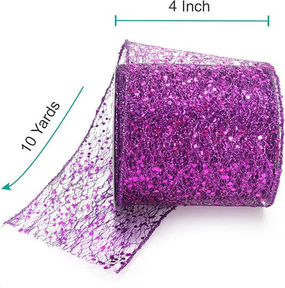CT CRAFT LLC Sparkling Glitter Mesh Wired Ribbon 4" x 10 Yards Purple - Image 2