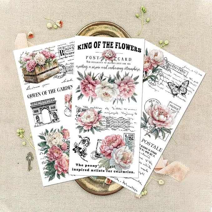 GLOBLELAND 3 Sheets Vintage Pink Peony Background Furniture Transfer 6x12inch - Image 3