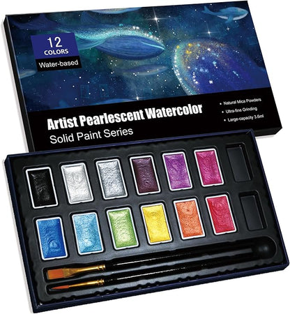 Shimmer Watercolor Paint Set, 12 Colors Glitter Metallic Watercolour Painting by GlisDyck