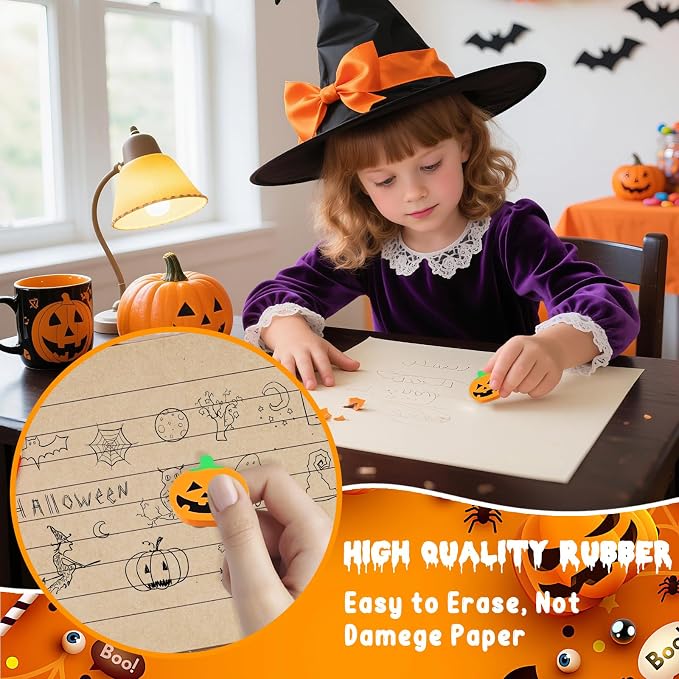 90 Pcs Halloween Mini Erasers for Kids, PLULON Goody Bag Fillers Pumpkin Black - Image 3