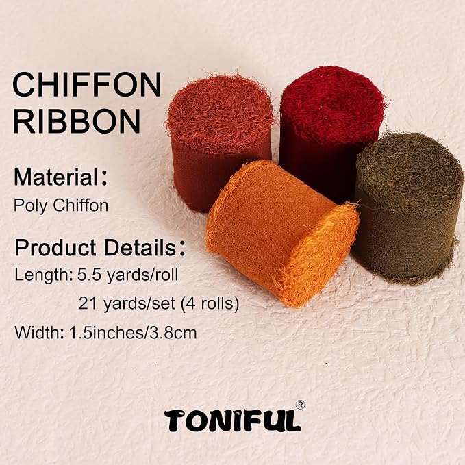TONIFUL 4 Rolls Silk Chiffon Ribbon 1-1/2 Inch x 22 Yards - Image 2