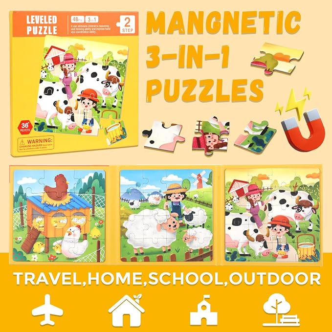 Magnetic Puzzles for Toddlers 1-3, 3 in 1 Kids Fun Farm Jigsaw Puzzle, Children - Image 3