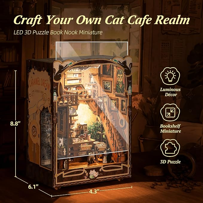 3D Wood Puzzle Book Nook Kit, Caramel Dream Cat Café Bookshelf Insert - Image 2