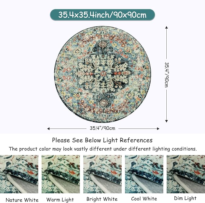 Lahome Bohemian Floral Medallion Round Rug - 3Ft Small Bedroom Round Area Rug - Image 2