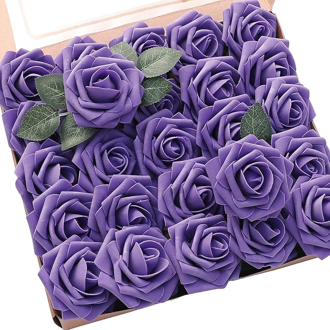 Floroom Artificial Flowers 25pcs Real Looking Violet Purple Foam Fake Roses by Floroom