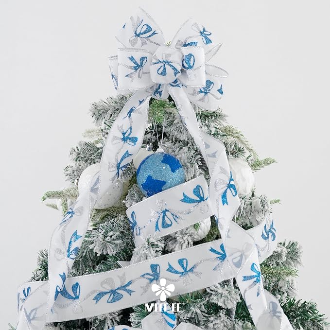 MEEDEE Blue & Silver Christmas Ribbon, 2.5 Inch Wired Satin Ribbon - Image 4
