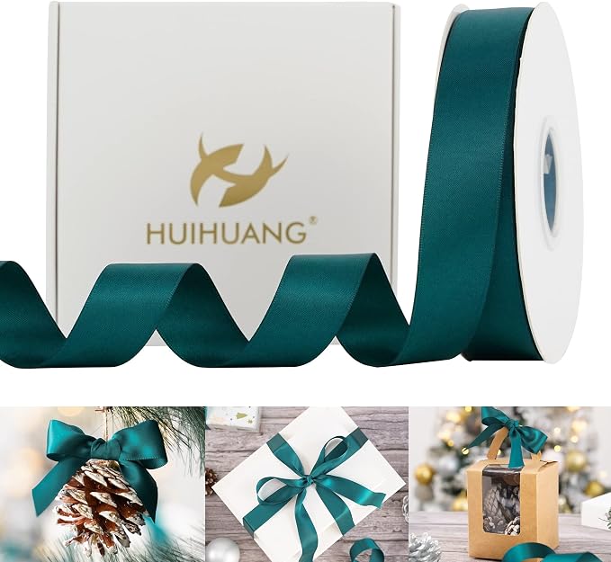 HUIHUANG Teal Green Ribbon 1 inch x 50 Yards Double-Faced Satin Silk Ribbon by HUIHUANG