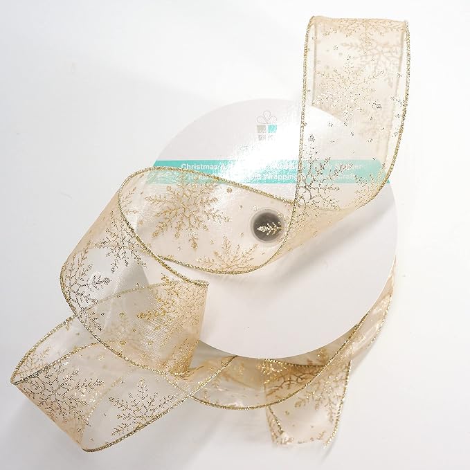 CT CRAFT LLC Organza with Champagne Gold Glitter Snowflakes Wired Ribbon 2.5 - Image 2