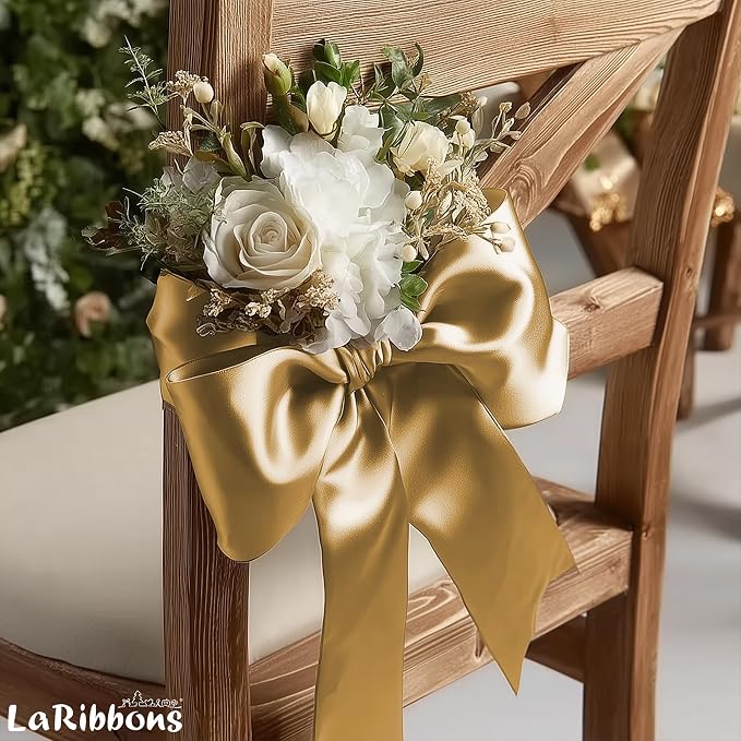 LaRibbons Pale Gold Satin Ribbon 4 Inch 10 Yards Double Faced Luxury Pale Gold - Image 3