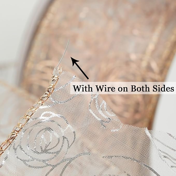 MEEDEE Floral Rose Wired 2.5 Inch Rose Gold Organza Sheer Ribbon, Wedding - Image 3