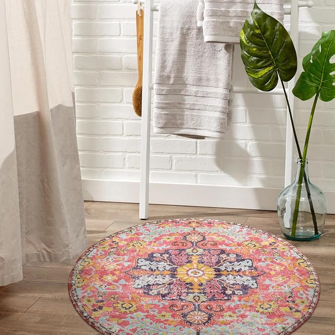 Lahome Bohemian Floral Medallion Round Rug - 3Ft Small Hot Pink Round Area Rug - Image 2