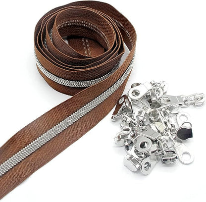 Leekayer #5 Metallic Silver Nylon Coil Zippers by The Yard Bulk 10 Yards Brown by Leekayer