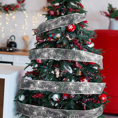 2.5 Inch Wide Christmas Wired Ribbon Snowflake Organza Sheer Glitter Ribbon - Image 7