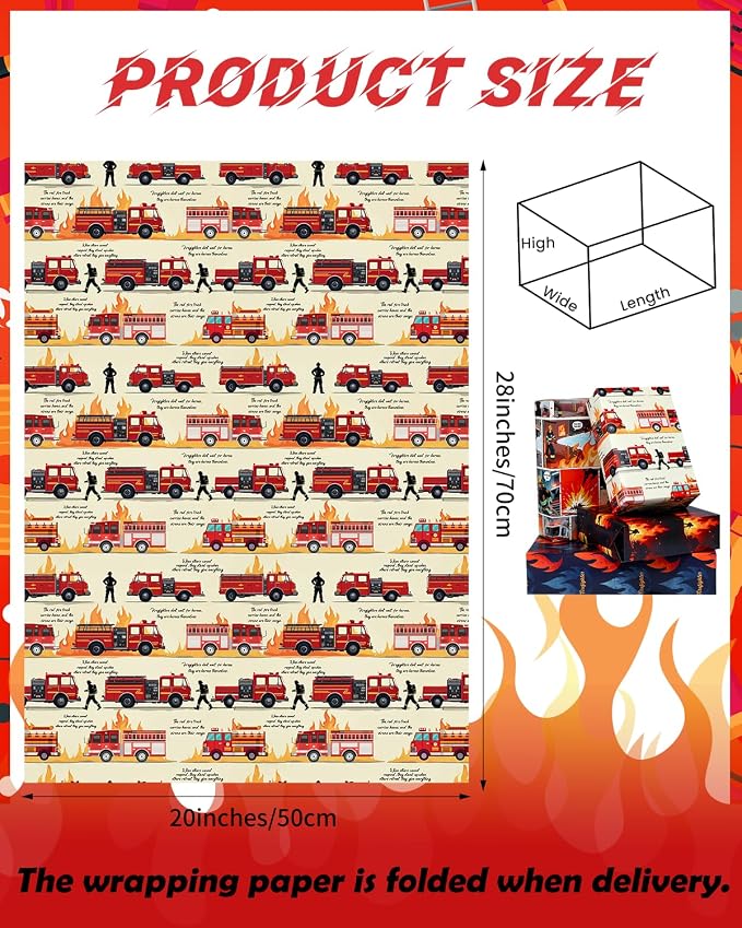 Pineraap 12 Sheets Firefighter Themed Wrapping Paper, Fire Safety Gift Wrap - Image 3