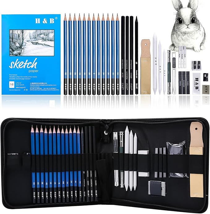 H & B 33 Pieces Drawing Pencils Set, Sketching Pencils Set & Drawing Kit by HB