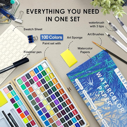 Watercolor Paint Set, 100 Colors in Nature Bamboo Box, Portable Water Colors Kit - Image 3