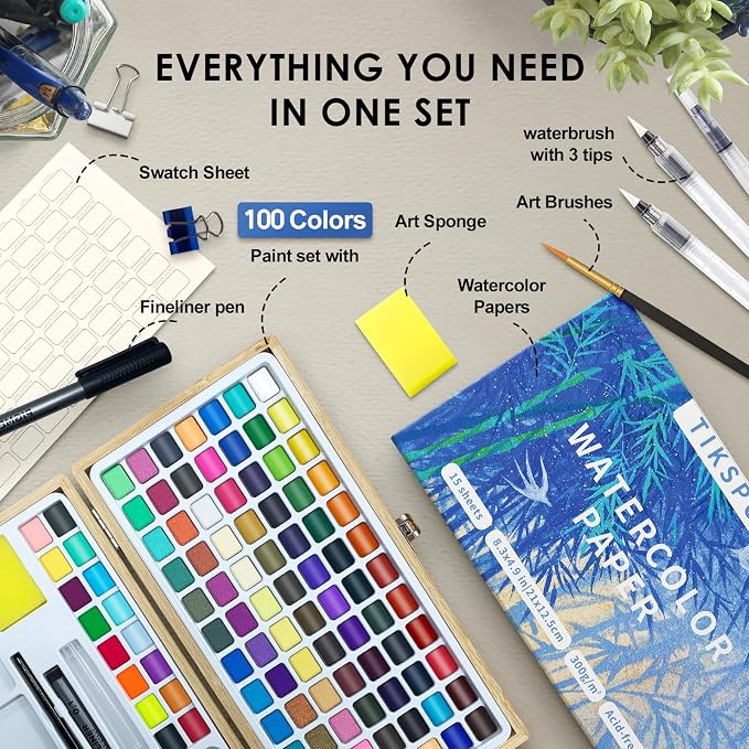 Watercolor Paint Set, 100 Colors in Nature Bamboo Box, Portable Water Colors Kit - Image 3
