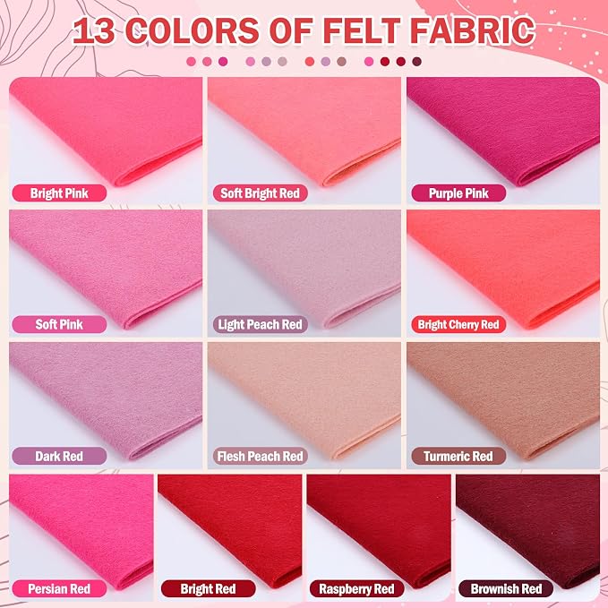 XSEINO 13 Rolls 8"x35" 1.4mm Thick Soft Felt Fabric Sheet 13 Assorted Red - Image 2