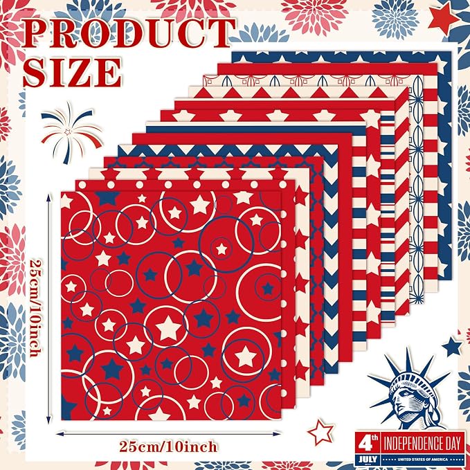 Ganeen 60 Pcs 10 x 10 Inch Vintage Patriotic Quilting Fabric Squares Red Blue - Image 2