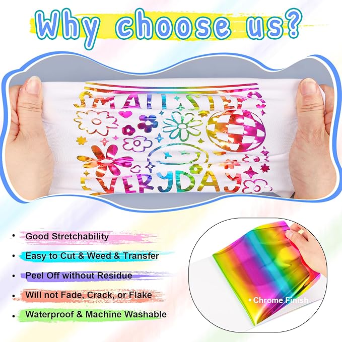 VINYL FROG Metallic Foil HTV Vinyl Roll 12" x12ft Rainbow Chrome Heat Transfer - Image 2