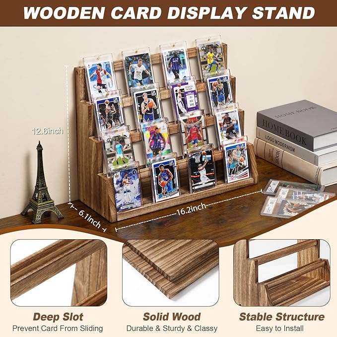 Emfogo Card Display Stand, 4-Tier Trading Card Display, Wooden Graded Baseball - Image 6