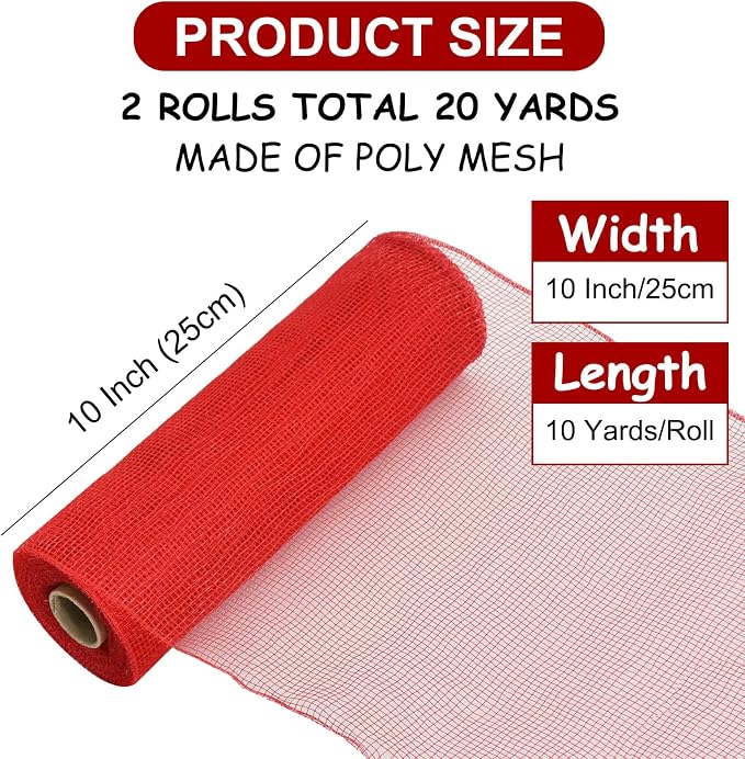 TONIFUL 2 Rolls 10 Inch Red Decorative Mesh Ribbbon Rolls, Fabric Mesh - Image 2
