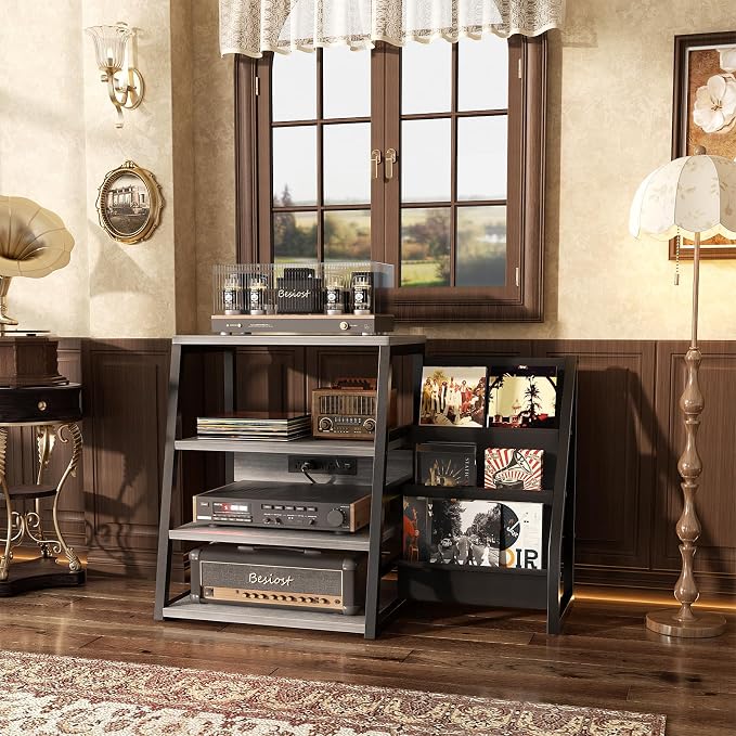 AV Media Stand with Outlets, Stereo Stands and Racks with Vinyl Storage - Image 2