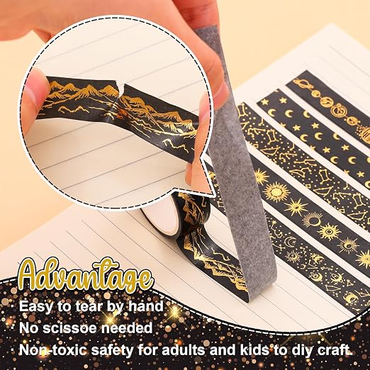 Whaline 12 Rolls Gold Foil Galaxy Washi Tape Black Gold Sun Moon Star Masking - Image 3