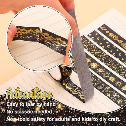 Whaline 12 Rolls Gold Foil Galaxy Washi Tape Black Gold Sun Moon Star Masking - Image 3
