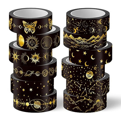 Whaline 12 Rolls Gold Foil Galaxy Washi Tape Black Gold Sun Moon Star Masking by Whaline