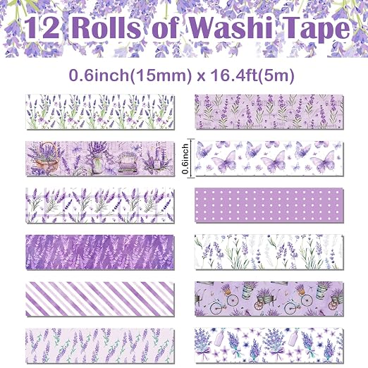 12 Rolls Lavender Washi Tape, Flower Butterfly Decorative Tape - Image 2