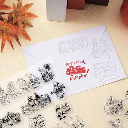 Whaline 5 Sheet Fall Thanksgiving Clear Stamps Autumn Leaves Pumpkin Gnome - Image 6