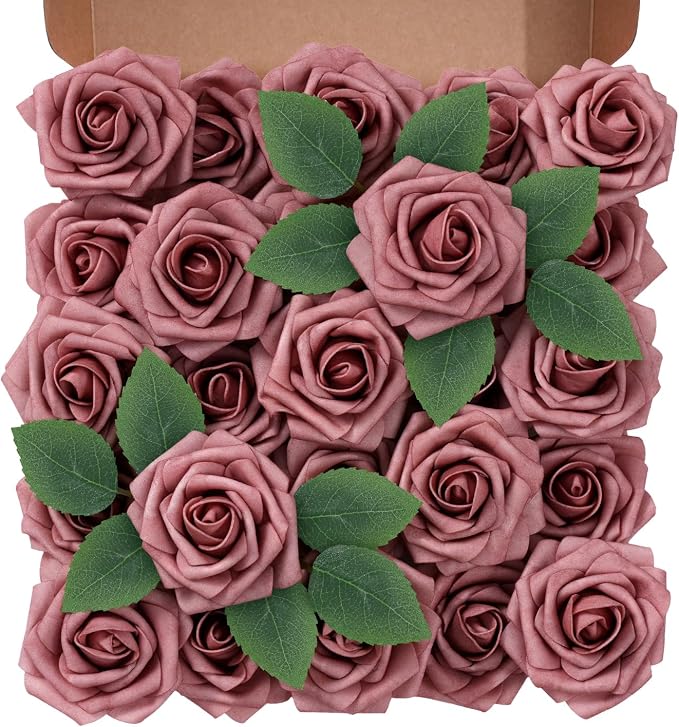 Artificial Flowers Foam Fake Roses 25pcs Dusty Rose Faux Roses by Unknown