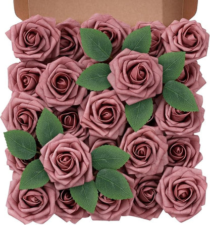 Artificial Flowers Foam Fake Roses 25pcs Dusty Rose Faux Roses by Unknown