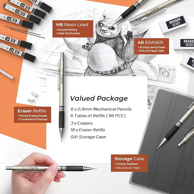 Nicpro 0.9 mm Art Mechanical Pencils Set in Gift Case, Artist Writing - Image 4