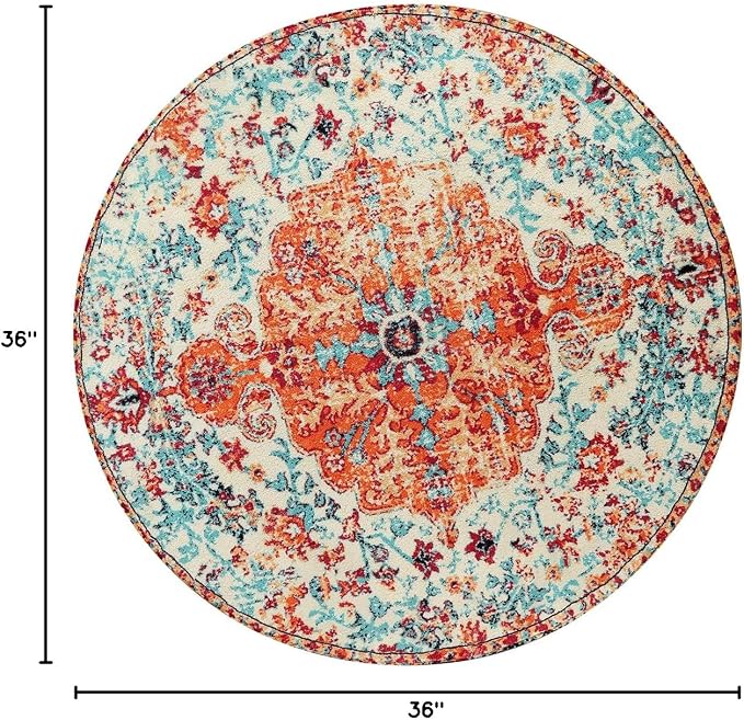 Lahome Bohemian Floral Medallion Round Rug - 3Ft Oriental Distressed Small - Image 2