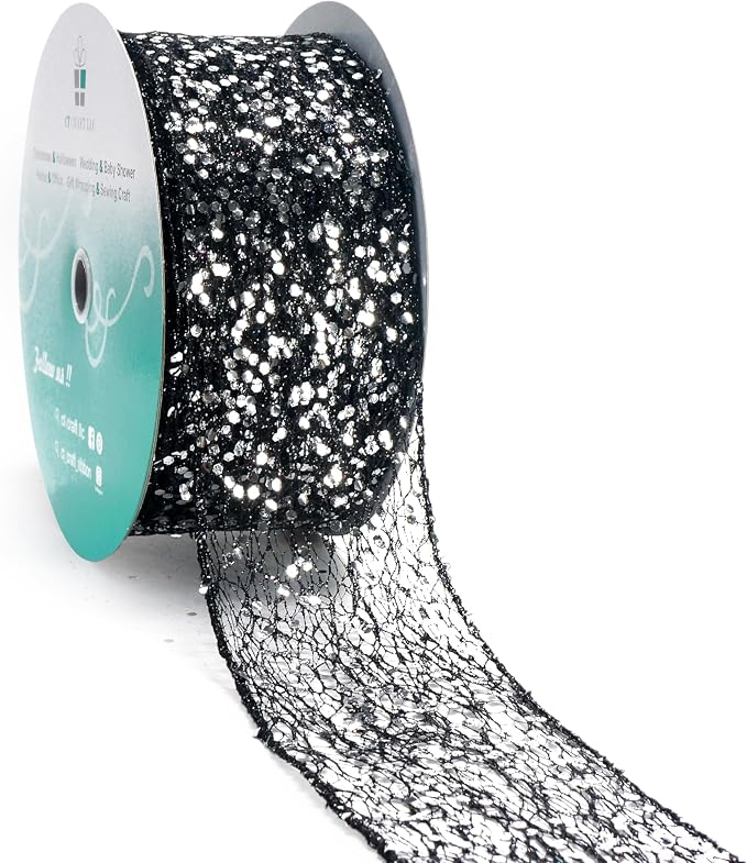 CT CRAFT LLC Sparkling Glitter Mesh Wired Ribbon 2.5" x 20 Yards Black by CTCRAFTLLC