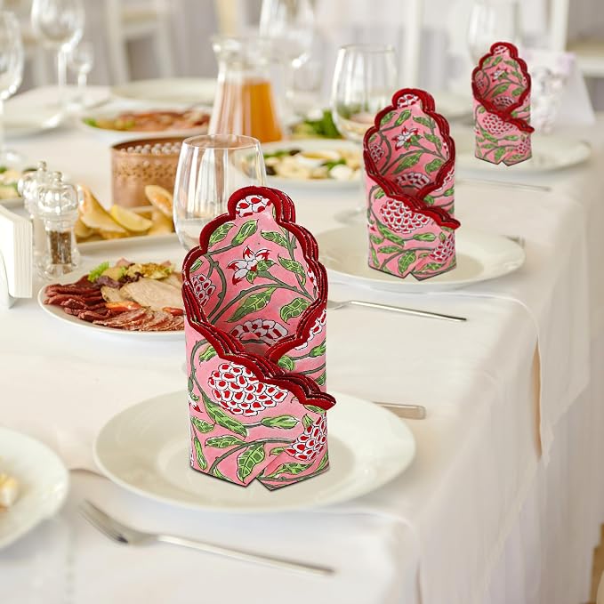 Ridhi Strawberry Pink Hand Block Print Napkins 18" x 18" Set of 4 Reusable - Image 6
