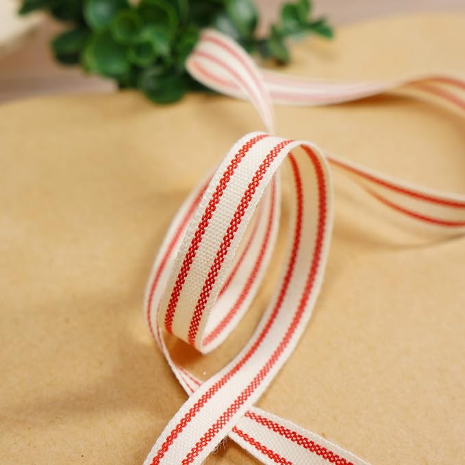 CT CRAFT LLC Ivory Cotton Red Stripes Ribbon 3/8" x 10 Yards - Image 4