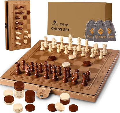 15" Magnetic Chess Set & Checkers Set 2 in 1，Rinten Leather Portable Travel by Rinten