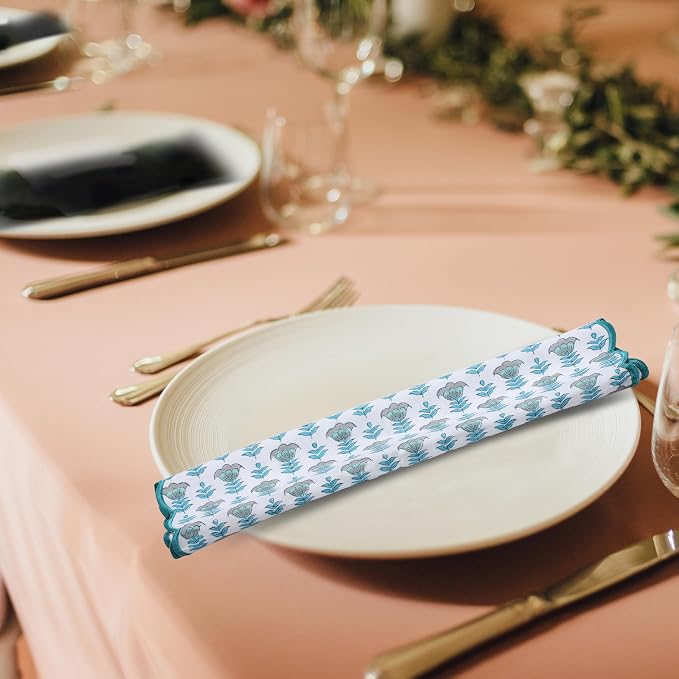 Ridhi Aquamarine Blue Hand Block Print Napkins 18" x 18" Set of 4 Reusable - Image 6