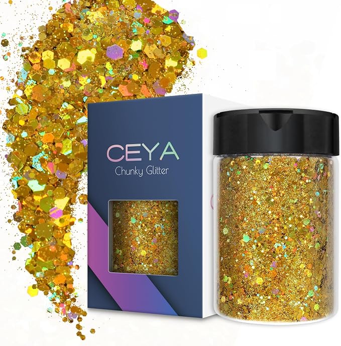 Ceya Holographic Chunky Glitter, 4.9oz/ 140g Lazurite Gold Craft Glitter Powder by CEYA