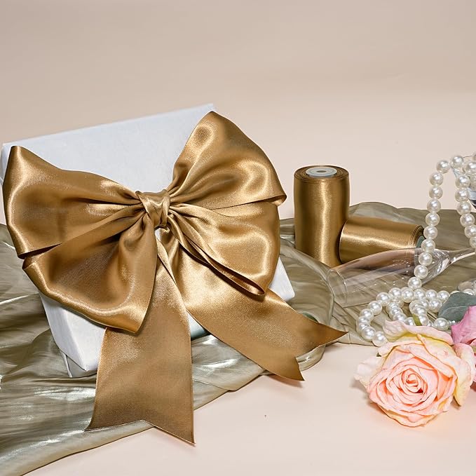 LaRibbons Pale Gold Satin Ribbon 4 Inch 10 Yards Double Faced Luxury Pale Gold - Image 4