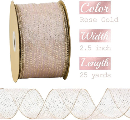 MEEDEE Rose Gold Sheer Glitter Wired Ribbon 2.5 Inch Horizontal Stripes Polka - Image 2