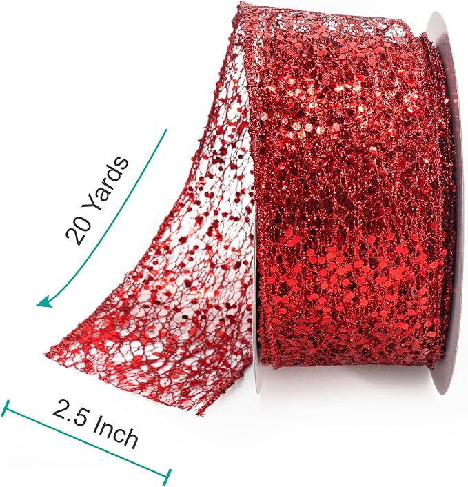 CT CRAFT LLC Sparkling Glitter Mesh Wired Ribbon 2.5" x 20 Yards Red - Image 2